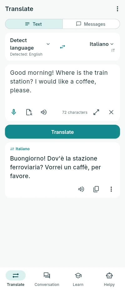 The Translate screen with a text and its translation